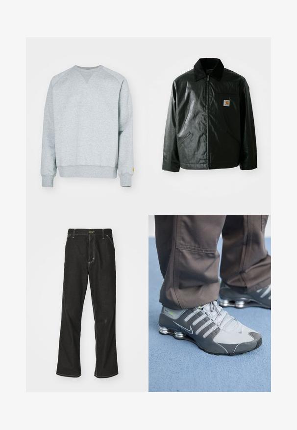 Zwarte ritssluiting jas van glad, glanzend materiaal. Heeft een corduroy kraag, twee voorzakken en een klein logo label op de borst.; Grijze sweatshirt met V-halsontwerp, ribgebreide mouwen en onderrand. Heeft een klein geel logo op de linkermouw. Zachte katoenmix textuur.; Zwarte denim jeans met een losse pasvorm, voorzien van contrasterende witte stiksels, een knoopsluiting en een recht ontwerp.; Grijze en zilveren Nike Shox sneakers hebben een strakke uitstraling, met een combinatie van mesh en synthetische materialen, een ronde neus en een gevoerde kraag.