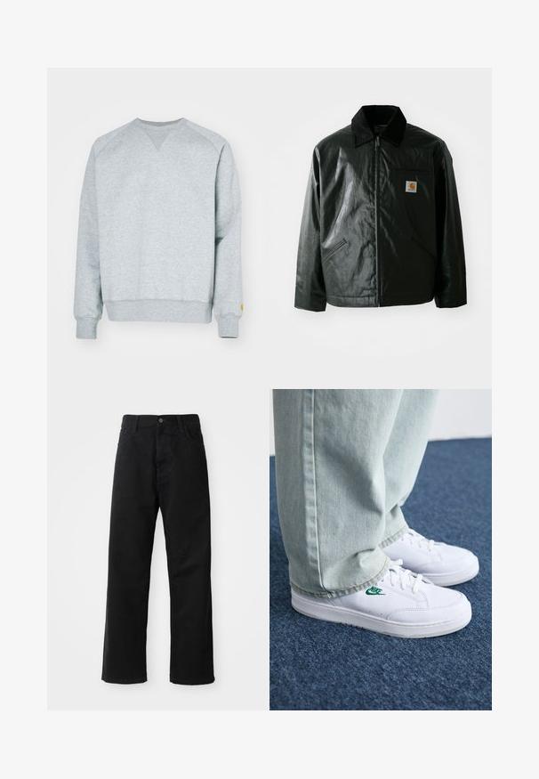 Svart zip-up jacka gjord av slätt, glänsande material. Har en manchesterkrage, två framfickor och en liten logotyp på bröstet.; Grå sweatshirt med V-ringad design, ribbade ärmslut och nederkant. Har en liten gul logotyp på vänster ärm. Mjuk blandning av bomull.; Svarta denimbyxor med rak passform, försedda med framfickor, dragkedja och en enda knapp i midjan. Strukturerad tyg med matt yta.; Vita lädersneakers med grön Nike-logga, rund tå, platt sula, kombinerade med ljusblå denimbyxor, visade på en blå matta.