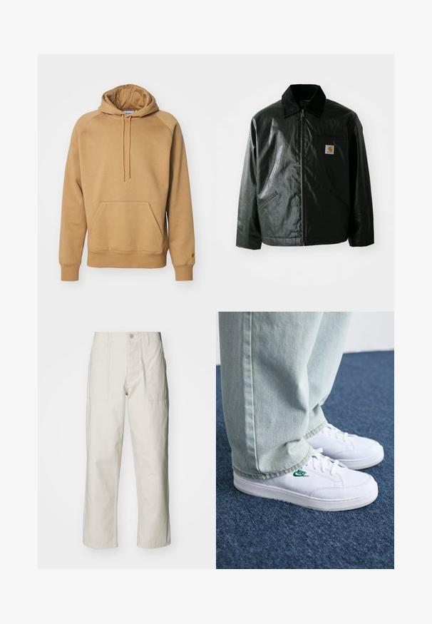 Giacca nera con zip realizzata in materiale liscio e lucido. Presenta un colletto in corduroy, due tasche frontali e una piccola patch con logo sul petto.; Felpa marrone realizzata in morbido tessuto, con tasca frontale a marsupio, cappuccio regolabile con lacci e polsini e orlo a coste.; Pantaloni a gamba larga beige chiaro in cotone. Presentano tasche frontali e chiusura con bottone. Tessuto liscio con sottili linee verticali.; Sneakers in pelle bianca con logo Nike verde, punta rotonda, suola piatta, abbinati a pantaloni in denim azzurro, mostrati su un tappeto blu.