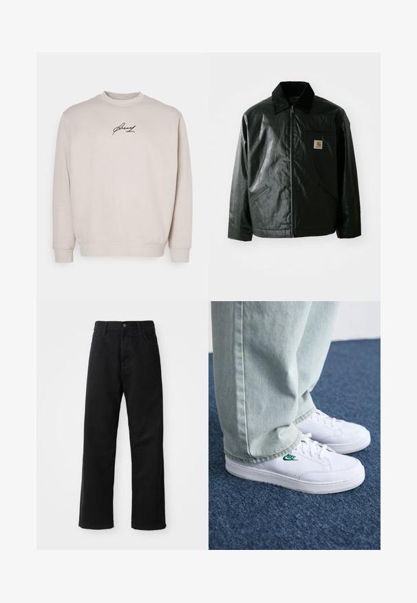 Black zip-up jacket made of smooth, shiny material. Features a corduroy collar, two front pockets, and a small logo patch on the chest.; Beige sweatshirt made from soft fabric features a round neck, long sleeves, and a black embroidered logo on the chest. Regular fit.; Black denim pants with a straight cut, featuring front pockets, a zip fly, and a single top button. Textured fabric with a matte finish.; White leather sneakers with green Nike logo, round toe, flat sole, paired with light blue denim pants, shown on a blue carpet.