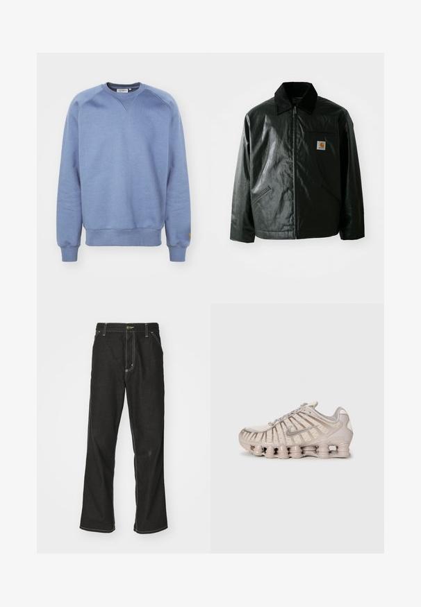 Crna zip-up jakna izrađena od glatkog, sjajnog materijala. Ima okovratnik od kordura, dva prednja džepa i mali logotip na prsima.; Carhartt WIP CHASE - Sportska majica - positano/gold; Crne traperice s opuštenim krojem, s kontrastnim bijelim šavovima, zakovicom za zatvaranje i ravnim nogavicama.; Svijetlosmeđi atletski tenisice s mrežastim gornjim dijelom, strukturiranim dizajnom i prepoznatljivom amortiziranom potplatom koji sadrži cilindrične dijelove.