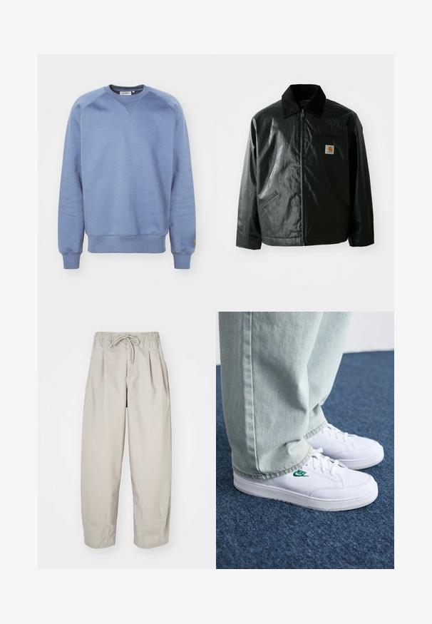 Black zip-up jacket made of smooth, shiny material. Features a corduroy collar, two front pockets, and a small logo patch on the chest.; Carhartt WIP CHASE - Sweatshirt - positano/gold; Beige, lightweight trousers with an elastic waistband and drawstring. Features pleats and a loose fit, crafted from soft, smooth fabric.; White leather sneakers with green Nike logo, round toe, flat sole, paired with light blue denim pants, shown on a blue carpet.