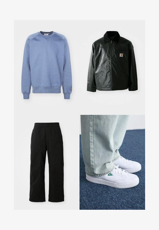 Juodas užtrauktuku užsegamas švarkas, pagamintas iš glotnaus, blizgaus medžiagos. Savybė - keteros apykaklė, dvi priekinės kišenės ir mažas logotipo ženklelis ant krūtinės.; Carhartt WIP CHASE - Sportinis megztinis - positano/gold; Juodi medvilniniai kelnių su elastinga juosta, plačiomis kojomis ir didelėmis šoninėmis kišenėmis. Audinys atrodo minkštas ir glotnus.; Balti odiniai sportbačiai su žaliu Nike logotipu, apvalia nosimi, plokščiu padu, derinami su šviesiai mėlynomis džinsinėmis kelnėmis, rodomi ant mėlynos kiliminės dangos.