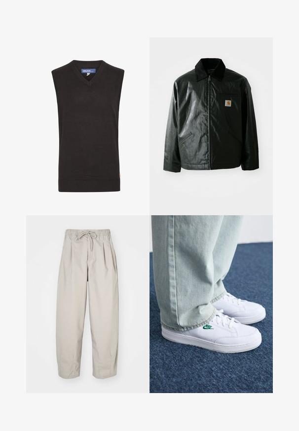 Black zip-up jacket made of smooth, shiny material. Features a corduroy collar, two front pockets, and a small logo patch on the chest.; Blend BHLARSSON - Jumper - black; Beige, lightweight trousers with an elastic waistband and drawstring. Features pleats and a loose fit, crafted from soft, smooth fabric.; White leather sneakers with green Nike logo, round toe, flat sole, paired with light blue denim pants, shown on a blue carpet.