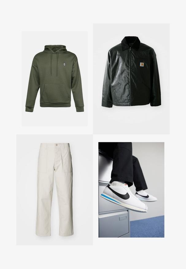 Black zip-up jacket made of smooth, shiny material. Features a corduroy collar, two front pockets, and a small logo patch on the chest.; Olive green hoodie with a quilted texture, a central kangaroo pocket, and a small embroidered logo on the chest. Adjustable drawstring hood.; Light beige wide-leg pants made of cotton. Features front pockets and a button closure. Smooth texture with subtle vertical lines.; White leather sneakers with a black Nike swoosh, light blue and grey rubber sole, and classic lace-up design. Feet resting on a filing cabinet.