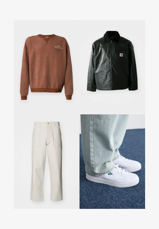 Chaqueta negra con cremallera hecha de un material liso y brillante. Presenta un cuello de pana, dos bolsillos frontales y un pequeño parche con el logo en el pecho.; Sudadera marrón con un acabado texturizado, que presenta un diseño de escote en V y puños acanalados. La etiqueta bordada dice "Guess Originals".; Pantalones de pierna ancha color beige claro, hechos de algodón. Cuentan con bolsillos frontales y cierre de botón. Textura suave con sutiles líneas verticales.; Zapatillas de cuero blanco con logo de Nike verde, puntera redonda, suela plana, combinadas con pantalones de mezclilla azul claro, sobre una alfombra azul.