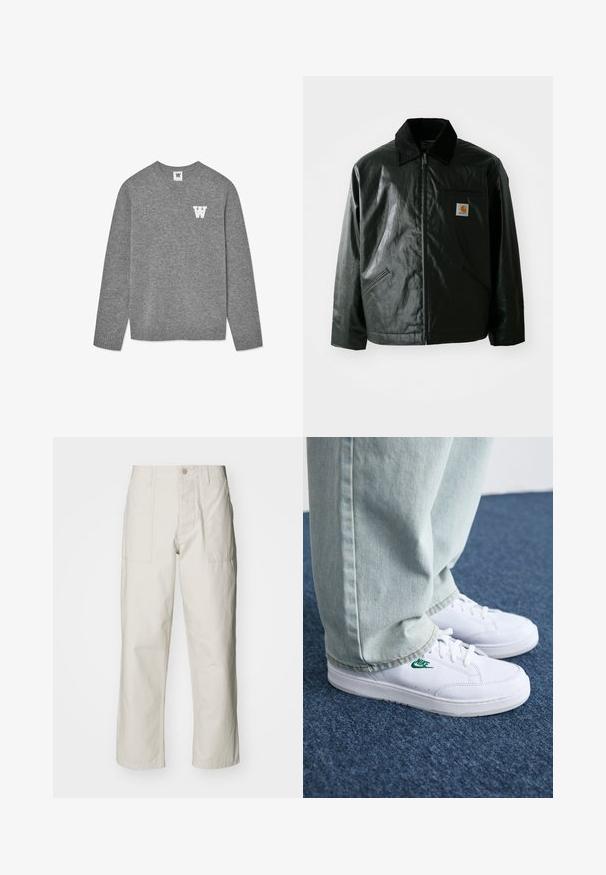Chaqueta negra con cremallera hecha de un material liso y brillante. Presenta un cuello de pana, dos bolsillos frontales y un pequeño parche con el logo en el pecho.; Suéter de punto gris con cuello redondo y puños acanalados. Una letra "W" blanca está bordada en el lado izquierdo del pecho. Textura suave.; Pantalones de pierna ancha color beige claro, hechos de algodón. Cuentan con bolsillos frontales y cierre de botón. Textura suave con sutiles líneas verticales.; Zapatillas de cuero blanco con logo de Nike verde, puntera redonda, suela plana, combinadas con pantalones de mezclilla azul claro, sobre una alfombra azul.