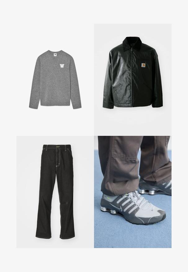 Černá zipová bunda vyrobená z hladkého, lesklého materiálu. Má jemný manžetový límec, dvě přední kapsy a malou značkovou nášivku na hrudi.; Šedý pletený svetr s kulatým výstřihem a žebrovanými manžetami. Na levé části hrudi je vyšitý bílý znak "W". Měkká textura.; Černé denimové džíny s volným střihem, s kontrastním bílým prošíváním, zapínáním na knoflík a rovnými nohavicemi.; Šedé a stříbrné tenisky Nike Shox mají elegantní design, s použitím síťoviny a syntetických materiálů, zaoblenou špičku a polstrovaný límec.
