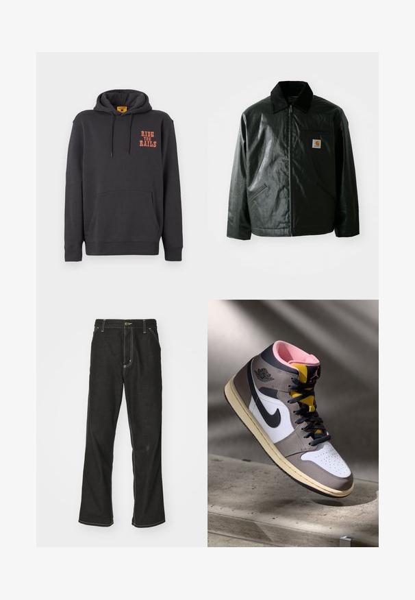 Svart zip-up jakke laget av jevnt, blankt materiale. Har en kordfløyelskrage, to frontlommer og en liten logo-lapp på brystet.; Grå hettegenser med kengurulomme, snor til hetta og oransje "RIDE THE RAILS" tekst på brystet. Mykt stoff med en jevn tekstur.; Svarte denimbukser med løs passform, med kontrastfylt hvit søm, knappelukking og rett ben-design.; Høy topp Nike Air Jordan-sneaker i hvit, grå og svart med rosa indre og gul tunge, plassert på en betongoverflate.