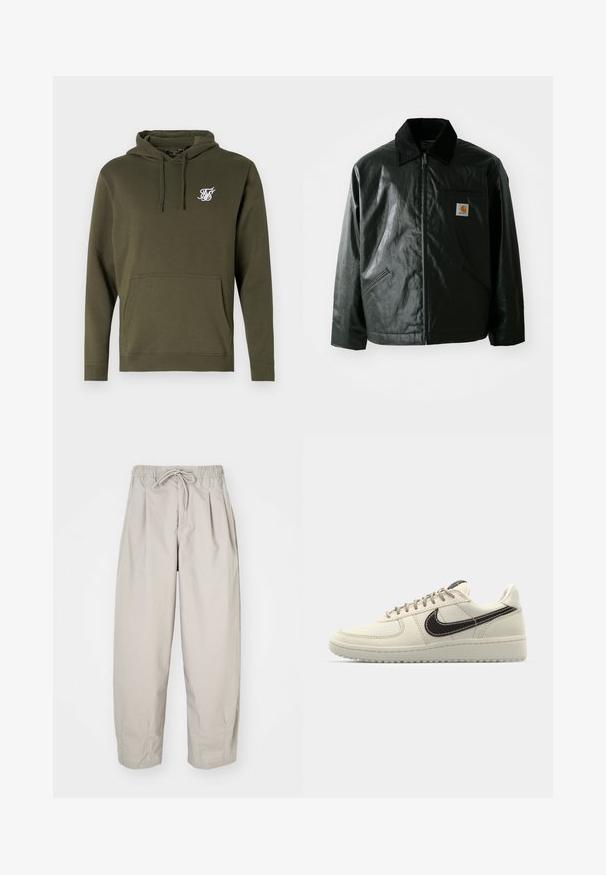 Black zip-up jacket made of smooth, shiny material. Features a corduroy collar, two front pockets, and a small logo patch on the chest.; Olive green cotton hoodie with a front pocket, drawstring hood, and a white embroidered logo on the chest. Smooth texture and regular fit.; Beige, lightweight trousers with an elastic waistband and drawstring. Features pleats and a loose fit, crafted from soft, smooth fabric.; Beige leather sneakers with a white rubber sole, featuring a dark brown swoosh, stitched details, and gray laces.