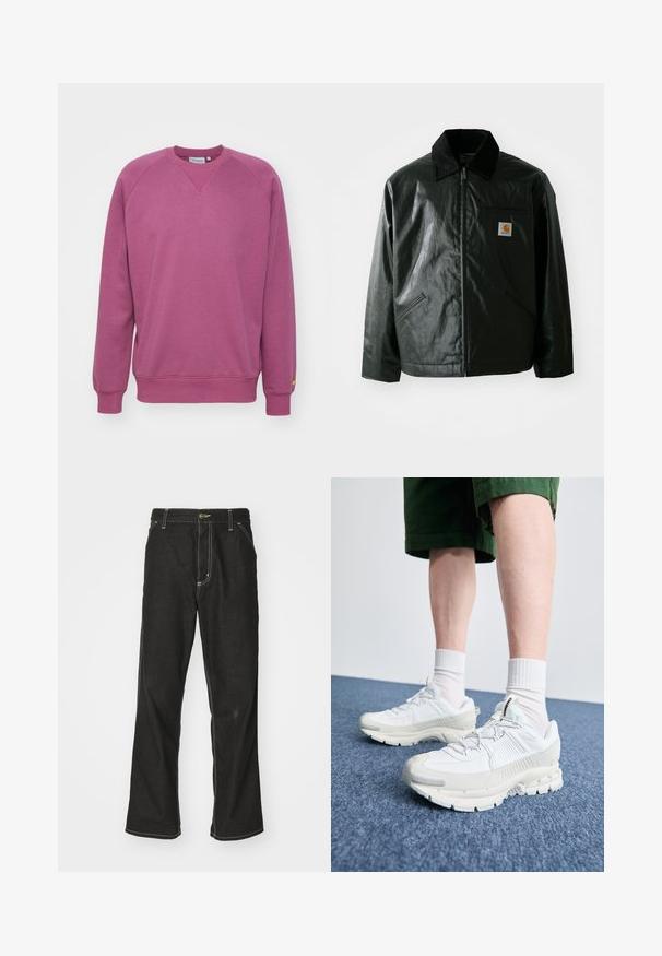 Giacca nera con zip realizzata in materiale liscio e lucido. Presenta un colletto in corduroy, due tasche frontali e una piccola patch con logo sul petto.; Carhartt WIP CHASE - Felpa - dusty fuchsia/gold; Jeans in denim nero con una vestibilità ampia, caratterizzati da cuciture bianche a contrasto, chiusura a bottone e un design a gamba dritta.; Scarpe da ginnastica bianche con sovrapposizioni testurizzate, suola spessa e accenti grigi. Indossate con calze corte bianche e pantaloni corti verdi su una superficie blu.