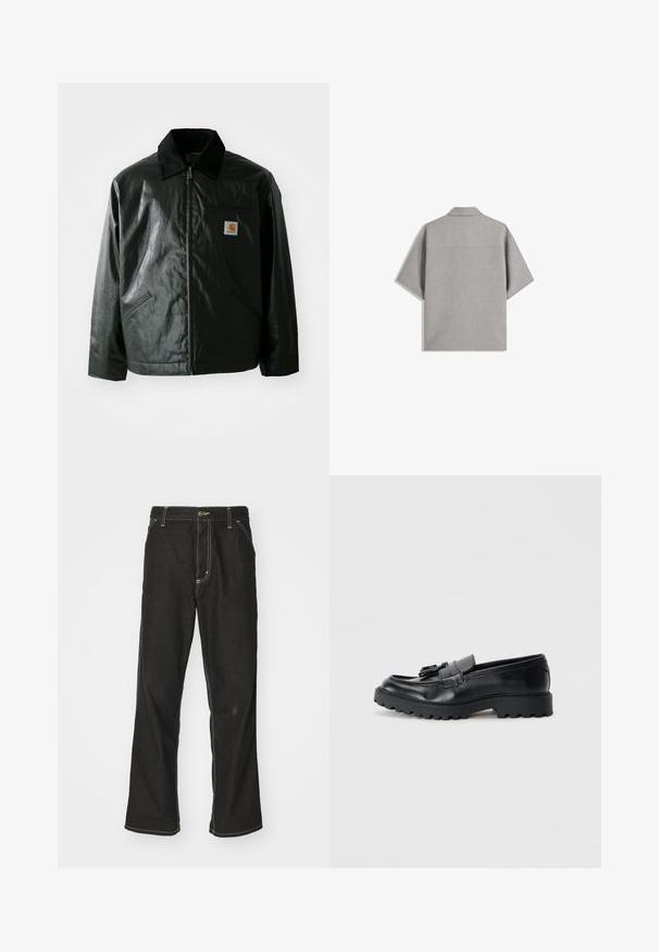 Giacca nera con zip realizzata in materiale liscio e lucido. Presenta un colletto in corduroy, due tasche frontali e una piccola patch con logo sul petto.; Bershka SHORT SLEEVE TAILORED - Camicia - dark grey; Jeans in denim nero con una vestibilità ampia, caratterizzati da cuciture bianche a contrasto, chiusura a bottone e un design a gamba dritta.; Mocassini in pelle nera con finitura lucida, suola in gomma spessa e dettaglio decorativo con nappina sul davanti.