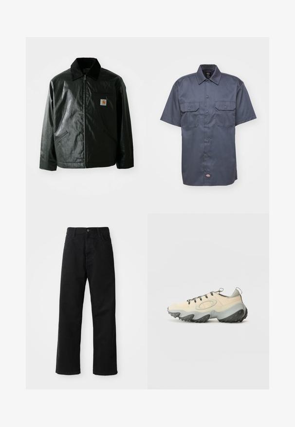 Must mustaga, läikiva materjaliga musta värvi jakk. Omab kordonilõikega kraed, kahte esikäe taskut ja väikest logo sildi rinnal.; Lühikeste varrukatega tume mereväe särk, mis on valmistatud siledast kangast. Särgil on nööbid ees, kaks rinnahernest ja väike logo allääres.; Mustadest denimist püksid sirge lõikega, mis sisaldavad ees taskuid, lukufliisi ja ühte ülemist nööpi. Tekstureeritud kangas mati viimistlusega.; Beez športlikud, millel on tekstuuriga võrgust pealispind, hall kummist tallad, väljapaistev kaarjas disain ja hallid paelad. Omab kandmisnuppu kanna peal.