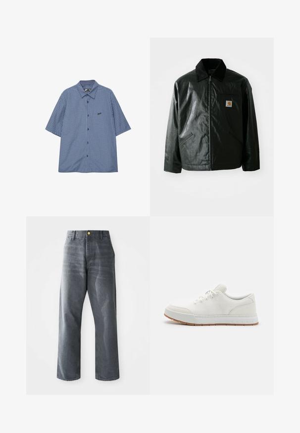 Jachetă neagră cu fermoar, confecționată dintr-un material neted și lucios. Prezintă un guler din catifea, două buzunare frontale și un mic logo brodat pe piept.; Cămașă cu mânecă scurtă, cu nasturi, în model de carouri albastre, având guler căptușit și un mic logo negru pe pieptul stâng. Fabricat dintr-un amestec de bumbac.; Jeanși din denim gri pentru bărbați, cu croială lejeră și picioare largi, dotati cu buzunare frontale și un buton auriu vizibil pe talie.; Pantofi sport albi cu partea superioară din plasă, vârf rotund și talpă din cauciuc cu un model texturat. Prezintă șireturi plate și un branding discret pe călcâi.
