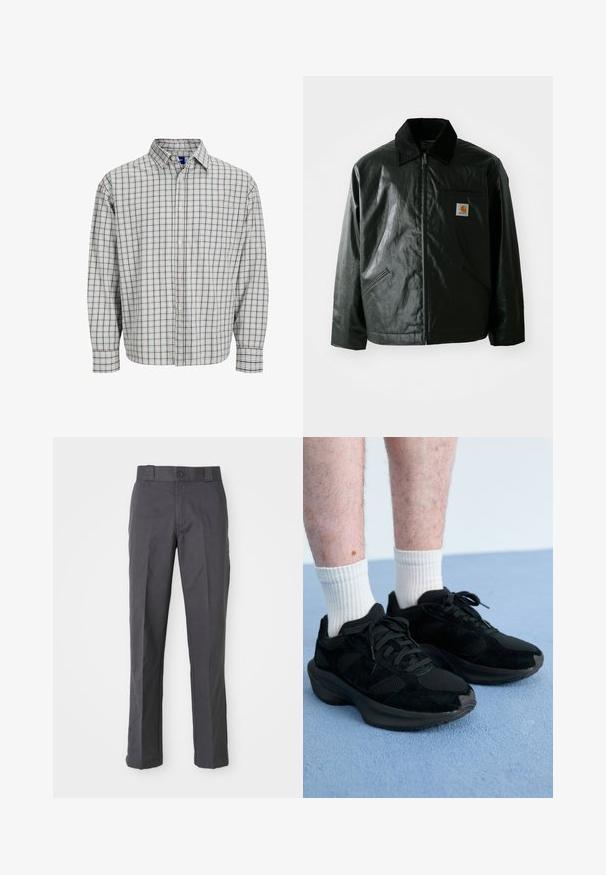 Crna zip-up jakna izrađena od glatkog, sjajnog materijala. Ima okovratnik od kordura, dva prednja džepa i mali logotip na prsima.; Košulja dugih rukava s gumbima koja sadrži svijetloplavi i smeđi karirani uzorak, s džepom na prsima i okruglim ovratnikom. Materijal od mješavine pamuka.; Tamno sivi hlače od mješavine pamuka, s ravnim nogavicama, prednjim džepovima i kopčanjem na dugme u struku.; Crne sportske cipele s mrežastim i svilenim materijalima, s zaobljenim đonom, vezicama i mekim teksturom. Nosi se s bijelim rebrastim čarapama.