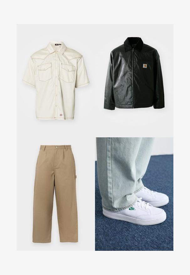 Casaco preto com fecho éclair, feito de material liso e brilhante. Apresenta um colarinho de veludo, dois bolsos frontais e um pequeno emblema no peito.; Camisa de botão de mangas curtas em tecido bege, com dois bolsos de aba, costura castanha contrastante e bainha arredondada.; Calças largas bege em mistura de algodão, com uma cintura alta, pregas frontais e dois bolsos laterais com fecho de botão.; Tênis de couro brancos com logo verde da Nike, bico redondo, sola plana, combinados com calças de denim azul claro, exibidos sobre um tapete azul.