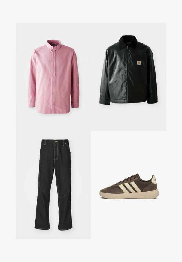 Giacca nera con zip realizzata in materiale liscio e lucido. Presenta un colletto in corduroy, due tasche frontali e una piccola patch con logo sul petto.; Camicia a maniche lunghe con bottoni in un tessuto rosa chiaro. Presenta un colletto classico, sei bottoni sul davanti e un logo discreto sul petto.; Jeans in denim nero con una vestibilità ampia, caratterizzati da cuciture bianche a contrasto, chiusura a bottone e un design a gamba dritta.; Sneaker in camoscio marrone con tre strisce bianche, punta arrotondata, suola spessa in gomma e marchio minimo sul tallone.