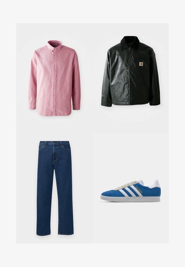 Zwarte ritssluiting jas van glad, glanzend materiaal. Heeft een corduroy kraag, twee voorzakken en een klein logo label op de borst.; Lange mouwen, knoopshirt in een lichtroze stof. Heeft een klassieke kraag, zes knopen aan de voorkant en een subtiel logo op de borst.; Donkerblauwe rechte denim jeans met frontzakken en een knoopsluiting, weergegeven op een effen witte achtergrond.; adidas Originals ADIDAS GAZELLE SHOES - Zaalvoetbalschoenen - real madrid/bluebird/footwear white/crew yellow