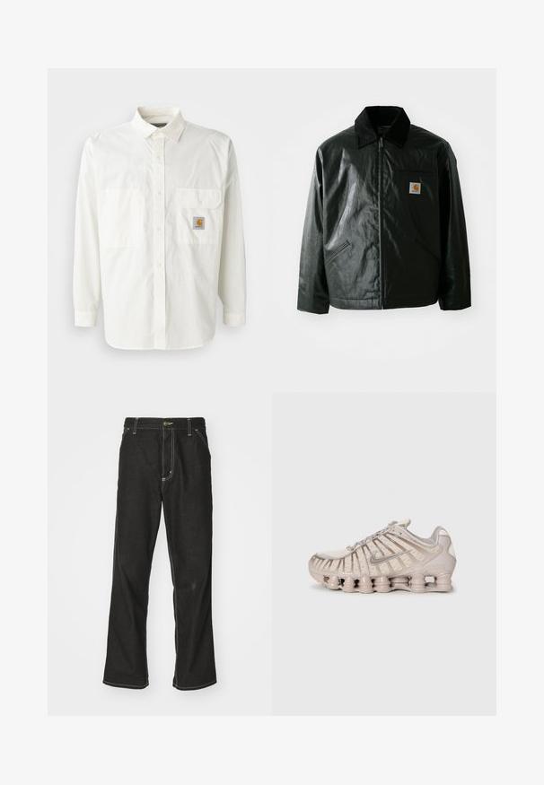 Zwarte ritssluiting jas van glad, glanzend materiaal. Heeft een corduroy kraag, twee voorzakken en een klein logo label op de borst.; Witte button-up shirt van katoen, met lange mouwen, een klassieke kraag, twee voorzakken en een Carhartt logo patch.; Zwarte denim jeans met een losse pasvorm, voorzien van contrasterende witte stiksels, een knoopsluiting en een recht ontwerp.; Lichtbeige sportschoen met een bovenwerk van mesh, een gestructureerd ontwerp en een kenmerkende gevoerde zool met cilindrische secties.