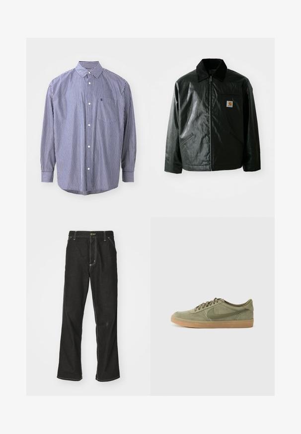 Crna zip-up jakna izrađena od glatkog, sjajnog materijala. Ima okovratnik od kordura, dva prednja džepa i mali logotip na prsima.; Prugasta košulja na dugih rukava u tamnoplavoj i bijeloj boji. Ima ovratnik, dugih je rukava, s džepom na prsima i zakrivljenim rubom. Klasičan kroj s teksturiranom tkaninom.; Crne traperice s opuštenim krojem, s kontrastnim bijelim šavovima, zakovicom za zatvaranje i ravnim nogavicama.; Zelene suède tenisice s gumiranim potplatom, okruglim vrhom i dizajnom na vezanje. Imaju Nikeov prepoznatljivi logo u tamnije zelenoj boji.