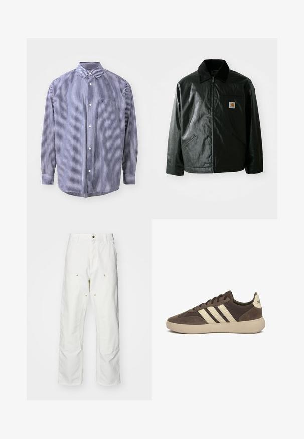 Giacca nera con zip realizzata in materiale liscio e lucido. Presenta un colletto in corduroy, due tasche frontali e una piccola patch con logo sul petto.; Camicia a righe blu navy e bianca. Presenta un colletto, maniche lunghe, una tasca sul petto e un orlo curvo. Vestibilità classica con tessuto testurizzato.; Pantaloni cargo bianchi in cotone con vestibilità rilassata. Tra le caratteristiche ci sono tasche frontali, dettagli in metallo dorato e sezioni rinforzate sulle ginocchia.; Sneaker in camoscio marrone con tre strisce bianche, punta arrotondata, suola spessa in gomma e marchio minimo sul tallone.