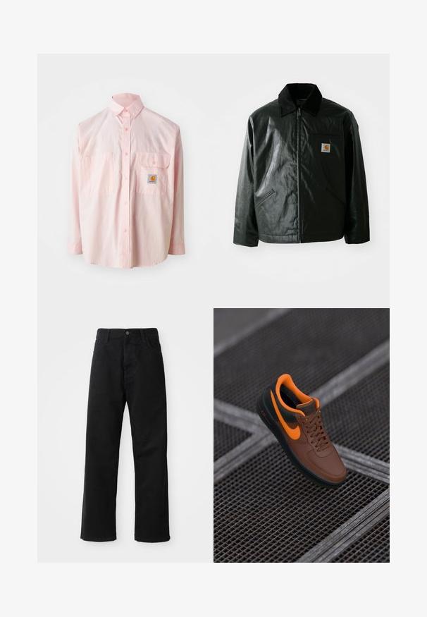 Juodas užtrauktuku užsegamas švarkas, pagamintas iš glotnaus, blizgaus medžiagos. Savybė - keteros apykaklė, dvi priekinės kišenės ir mažas logotipo ženklelis ant krūtinės.; Šviesiai rožinė mygtukų užsegama marškinė su dviem krūtinės kišenėmis ir logotipo žyme. Pagaminti iš medvilnės, su klasikinio tipo apykakle ir ilgomis rankovėmis.; Juodo džinsinio audinio keliaraiščiai su tiesia iškarpa, turintys priekinės kišenes, užtrauktuką ir vieną viršutinį mygtuką. Audinys tekstūruotas, su matinio paviršiaus apdaila.; Rudos odinės kedai su oranžiniais akcentais, apvaliu pirštu, su raišteliais ir tekstūruota paviršiumi. Žalia guma padai su matomu "AIR" ženklu.