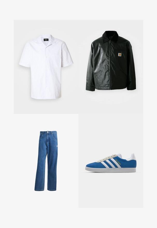 Jachetă neagră cu fermoar, confecționată dintr-un material neted și lucios. Prezintă un guler din catifea, două buzunare frontale și un mic logo brodat pe piept.; Cămașă cu mânecă scurtă, de culoare albă, cu dungi verticale de culoare albastră deschisă, având un guler ascuțit și un singur buzunar pe piept.; Jeans din denim cu talie înaltă, cu picioare largi, de culoare albastră, cu buzunare frontale, bucle pentru centură, închidere cu nasture și un mic logo Adidas pe coapsa dreaptă.; adidas Originals ADIDAS GAZELLE SHOES - Ghete de fotbal de sală - real madrid/bluebird/footwear white/crew yellow