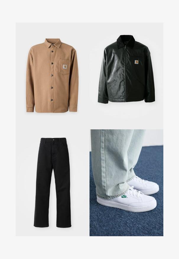 Casaco preto com fecho éclair, feito de material liso e brilhante. Apresenta um colarinho de veludo, dois bolsos frontais e um pequeno emblema no peito.; Camisa de flanela castanha com um design de botão, mangas longas, um bolso no peito com patch de logo e botões pretos. Textura suave.; Calças de ganga pretas com corte direito, apresentando bolsos frontais, fecho de zip e um único botão na parte superior. Tecido texturizado com um acabamento mate.; Tênis de couro brancos com logo verde da Nike, bico redondo, sola plana, combinados com calças de denim azul claro, exibidos sobre um tapete azul.
