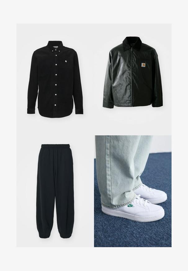 Zwarte ritssluiting jas van glad, glanzend materiaal. Heeft een corduroy kraag, twee voorzakken en een klein logo label op de borst.; Zwart corduroy overhemd met een button-down kraag. Voorzien van witte knopen en een klein logo op de borst. Lange mouwen met knoopmanchetten.; Zwarte, elastiche sweatpants met een losse pasvorm, manchetten aan de enkels, een zachte textuur en zonder zichtbare patronen of hardwareaccenten.; Witte leren sneakers met groen Nike-logo, ronde neus, platte zool, gedragen met lichtblauwe denim broek, weergegeven op een blauwe vloerkleed.