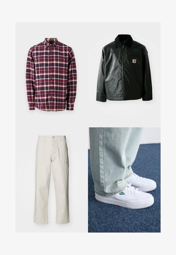 Veste noire zippée en matériau lisse et brillant. Elle dispose d'un col en velours côtelé, de deux poches avant et d'un petit écusson logo sur la poitrine.; GAP STANDARD - Chemise - purple; Pantalons larges beige clair en coton. Dotés de poches avant et d'une fermeture à bouton. Texture lisse avec de légères lignes verticales.; Baskets en cuir blanc avec logo Nike vert, bout rond, semelle plate, associées à un pantalon en denim bleu clair, présentées sur un tapis bleu.