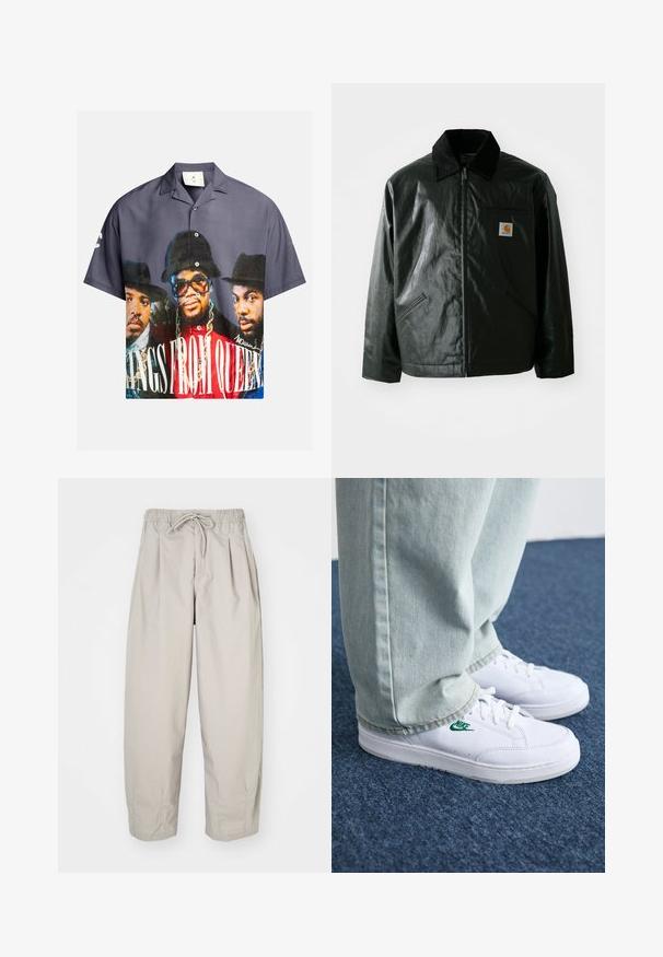 Black zip-up jacket made of smooth, shiny material. Features a corduroy collar, two front pockets, and a small logo patch on the chest.; Short-sleeve button-up shirt featuring a graphic print of three figures, predominantly in blue, gray, and red tones, with white text.; Beige, lightweight trousers with an elastic waistband and drawstring. Features pleats and a loose fit, crafted from soft, smooth fabric.; White leather sneakers with green Nike logo, round toe, flat sole, paired with light blue denim pants, shown on a blue carpet.