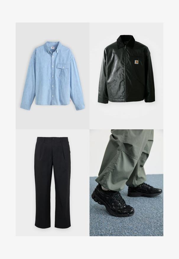 Must mustaga, läikiva materjaliga musta värvi jakk. Omab kordonilõikega kraed, kahte esikäe taskut ja väikest logo sildi rinnal.; Hele sinine nööbitav särk, mis on valmistatud šambrai kangast. Omab kaelust, pikki varrukaid ning rinda taskut klapi ja nööbiga.; Hele roheline lühikese varrukaga t-särk, mis on valmistatud pehmest kangast ja millel on rindade tasku ruudukujulise logoplaadiga. Lihtne, kaunistusteta disain.; Mustad sirgedega mustad püksid, millel on sirge lõige, ees pleatid, nupuga kinnitamine ja sile kangatekstuur.; Mustad mustad jooksukingad läikiva ja võrgumaterjaliga tekstuuriga, paksu tallaga ja paeltega, koos lodevate oliiviroheliste cargo-pükstega.