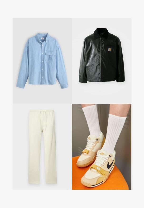 Giacca nera con zip realizzata in materiale liscio e lucido. Presenta un colletto in corduroy, due tasche frontali e una piccola patch con logo sul petto.; Camicia azzurro chiaro con bottoni realizzata in tessuto chambray. Presenta un colletto, maniche lunghe e una tasca sul petto con pattina e bottone.; Pantaloni della tuta beige chiaro con vita regolabile con coulisse, realizzati in materiale morbido. Presentano un discreto logo Nike bianco sulla coscia sinistra.; Scarpe sportive Nike in pelle beige e crema, con un logo swoosh nero, lacci bianchi, una fascia in Velcro e una suola in gomma testurizzata.