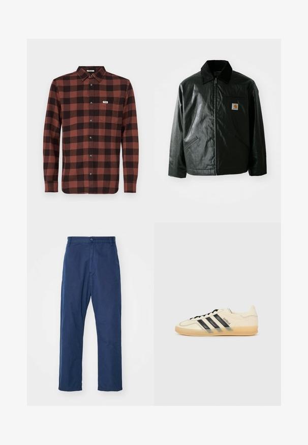 Must mustaga, läikiva materjaliga musta värvi jakk. Omab kordonilõikega kraed, kahte esikäe taskut ja väikest logo sildi rinnal.; Punane ja must ruuduline pika varrukaga särk, mis on valmistatud puuvillast. Särgil on nööbid allservas, täispikk nööpide rida ja rinnakotike, millel on logo.; Tumed sinine, sirge jalgadega püksid, mis on valmistatud puuvillast. Ees olev nupuleping, peene tekstuur ja küljetaskud, samuti vöökohad.; Kerge kreemjasneaker mustade kolme triibuga disainiga, tekstureeritud ülemine osa, ümar varvas ja kummitald. Omab paelu ja brändimist külgedel.