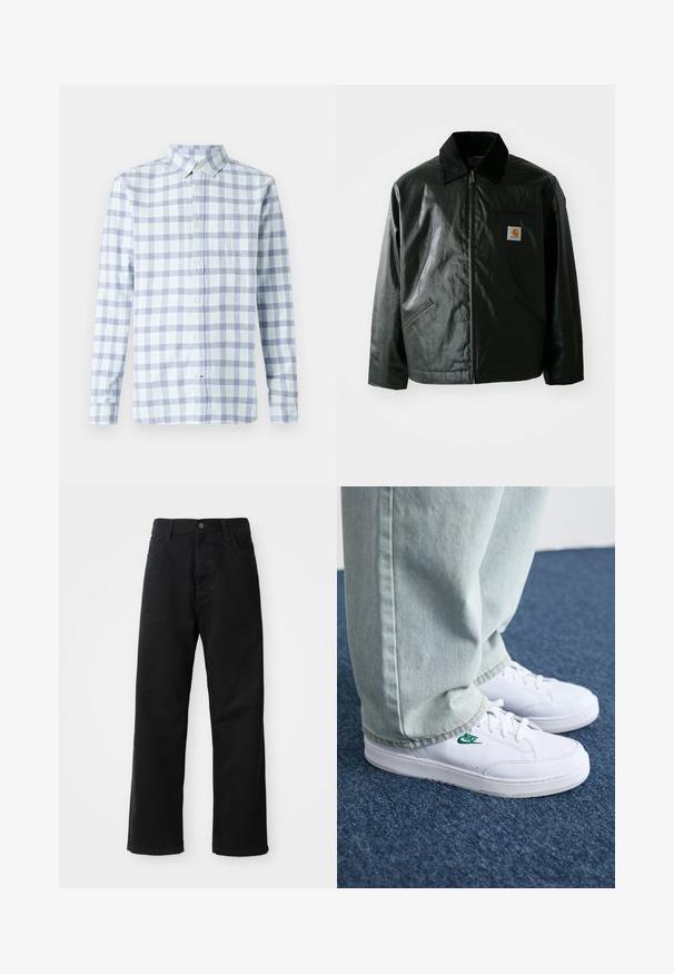 Svart zip-up jacka gjord av slätt, glänsande material. Har en manchesterkrage, två framfickor och en liten logotyp på bröstet.; Ljusblå och lavendelfärgad rutig skjorta, knappad krage, långa ärmar, bröstficka, bomullstyg, avslappnad design.; Svarta denimbyxor med rak passform, försedda med framfickor, dragkedja och en enda knapp i midjan. Strukturerad tyg med matt yta.; Vita lädersneakers med grön Nike-logga, rund tå, platt sula, kombinerade med ljusblå denimbyxor, visade på en blå matta.