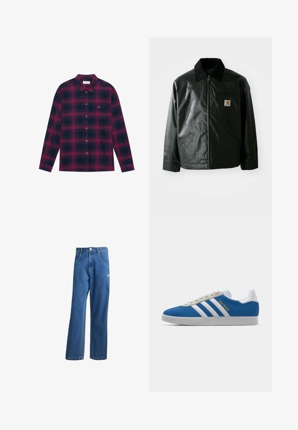 Μαύρο μπουφάν με φερμουάρ, φτιαγμένο από λείο, γυαλιστερό υλικό. Διαθέτει κοτλέ γιακά, δύο μπροστινές τσέπες και μια μικρή ετικέτα λογότυπου στο στήθος.; Μακρυμάνικη πουκάμισο καρό σε σκούρο μπλε και μπορντό, με κλείσιμο τύπου κουμπιού στο γιακά, τσέπη στο στήθος και χρυσά κουμπιά. Μαλακή υφή υφάσματος.; Μπλε τζιν παντελόνι με ψηλή μέση, φαρδιά μπατζάκια, μπροστινές τσέπες, θηλιές ζώνης, κλείσιμο με κουμπί και μικρό λογότυπο Adidas στο δεξί μηρό.; adidas Originals ADIDAS GAZELLE SHOES - Μπότες ποδοσφαίρου εσωτερικού χώρου - real madrid/bluebird/footwear white/crew yellow
