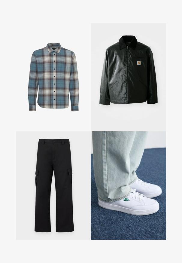 Fekete zipzáros dzseki sima, fényes anyagból. Kordbársony gallérral, két elülső zsebbel és egy kis logós felvarrással a mellkason.; Hosszú ujjú kockás ing, kék, fehér és barna színekben. Puha anyagból készült, standard gallérral és gombos záródással.; Fekete cargo nadrág egyenes szárú kialakítással. Tartós anyagból készült, két oldalzsebbel, tépőzáras fedéllel és gombos zipzárral.; Fehér bőr sportcipők zöld Nike logóval, kerek orral, lapos talppal, világoskék farmernadrággal párosítva, kék szőnyegen bemutatva.