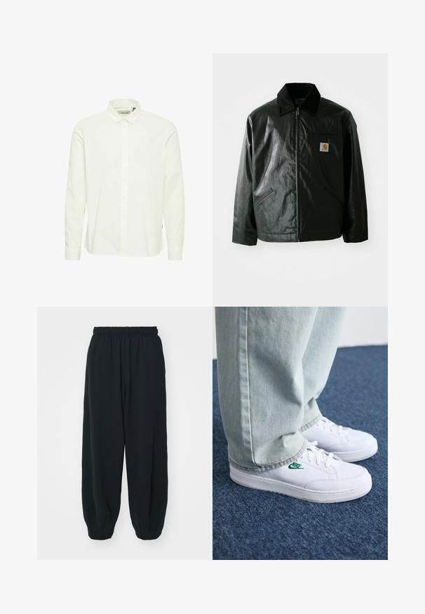 Black zip-up jacket made of smooth, shiny material. Features a corduroy collar, two front pockets, and a small logo patch on the chest.; White cotton long-sleeve shirt with a button-down collar, front placket, and button cuffs; features a subtle textured finish.; Black, elasticated-waist sweatpants with a loose fit, cuffed ankles, smooth texture, and no visible patterns or hardware accents.; White leather sneakers with green Nike logo, round toe, flat sole, paired with light blue denim pants, shown on a blue carpet.