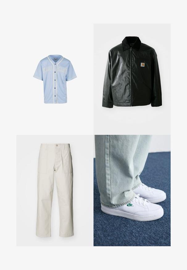 Giacca nera con zip realizzata in materiale liscio e lucido. Presenta un colletto in corduroy, due tasche frontali e una piccola patch con logo sul petto.; Maglia da baseball blu chiaro realizzata in tessuto morbido. Presenta piping bianchi e "KARL KANI" ricamato sul petto in caratteri in grassetto, con bottoni neri.; Pantaloni a gamba larga beige chiaro in cotone. Presentano tasche frontali e chiusura con bottone. Tessuto liscio con sottili linee verticali.; Sneakers in pelle bianca con logo Nike verde, punta rotonda, suola piatta, abbinati a pantaloni in denim azzurro, mostrati su un tappeto blu.
