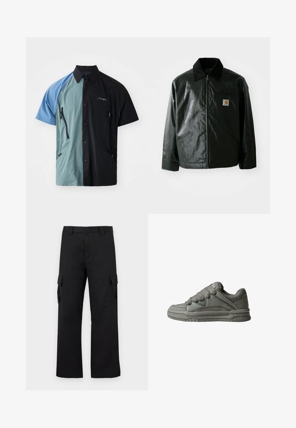 Jachetă neagră cu fermoar, confecționată dintr-un material neted și lucios. Prezintă un guler din catifea, două buzunare frontale și un mic logo brodat pe piept.; Cămașă cu mânecă scurtă și guler, având un design colorat în albastru, teal și negru. Include mai multe buzunare cu fermoar și un logo al agenției.; Pantaloni cargo negri cu un design drept. Confectionati dintr-un material durabil, avand doua buzunare laterale cu clapete si un sistem de inchidere cu nasture.; Pantof de sport gri, cu un superior din piele texturată și plasă, talpă groasă din cauciuc și un limbaj proeminent, căptușit pe părțile laterale. Include șireturi și accente laterale.