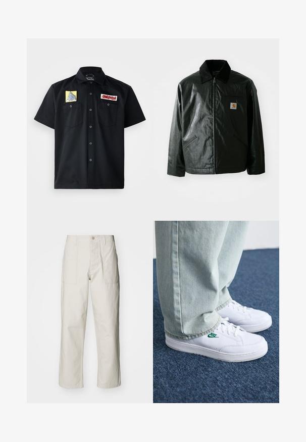 Juodas užtrauktuku užsegamas švarkas, pagamintas iš glotnaus, blizgaus medžiagos. Savybė - keteros apykaklė, dvi priekinės kišenės ir mažas logotipo ženklelis ant krūtinės.; Juodas trumpų rankovių marškinėliai su dviem siuvinėtų pleistrų ant krūtinės: geltona kalno dizaino ir raudonas tekstinis pleistras. Priekiniai spaudžiamieji užsegimai.; Šviesiai pilki plačius kelnes, pagamintas iš medvilnės. Yra priekinės kišenės ir mygtuko uždarymas. Lygus paviršius su subtiliomis vertikaliomis linijomis.; Balti odiniai sportbačiai su žaliu Nike logotipu, apvalia nosimi, plokščiu padu, derinami su šviesiai mėlynomis džinsinėmis kelnėmis, rodomi ant mėlynos kiliminės dangos.