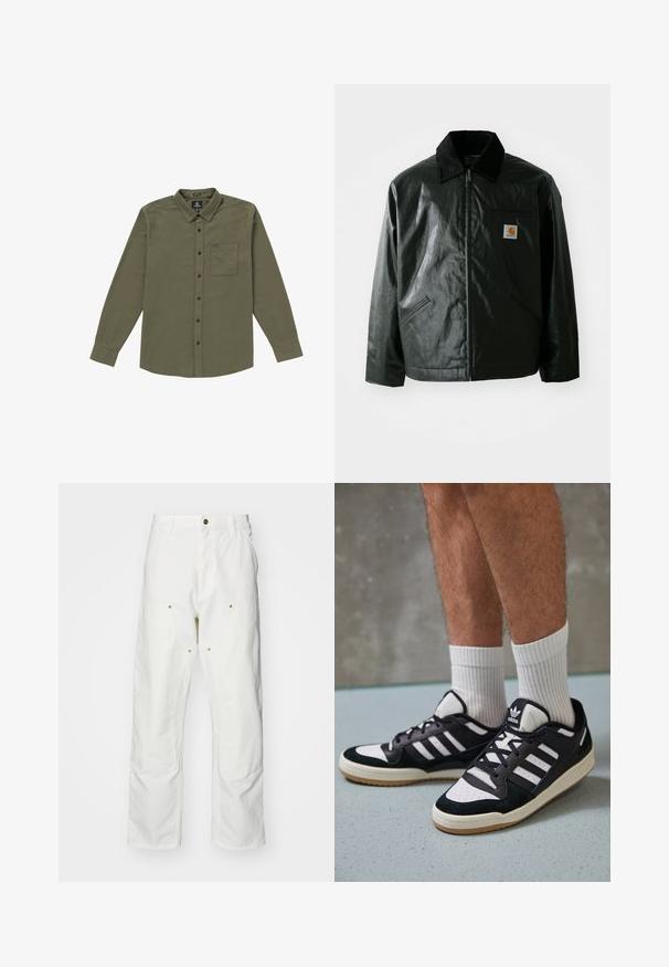 Schwarze Zip-Jacke aus glattem, glänzendem Material. Verfügt über einen Cordkragen, zwei Fronttaschen und ein kleines Logo-Patch auf der Brust.; Herren Button-Up-Shirt in Olivgrün. Hergestellt aus weichem Stoff, mit langen Ärmeln, einer Brusttasche und schwarzen Knöpfen. Standard-Kragen-Design.; Weiße Baumwoll-Cargohose mit lockerer Passform. Zu den Merkmalen gehören Fronttaschen, goldfarbene Hardware-Akzente und verstärkte Kniebereiche.; Schwarz-weiße Sneaker mit einem Obermaterial aus Wildleder und Leder, ausgestattet mit drei weißen Streifen, einer perforierten Zehenpartie und einer Sohle aus Gummi.