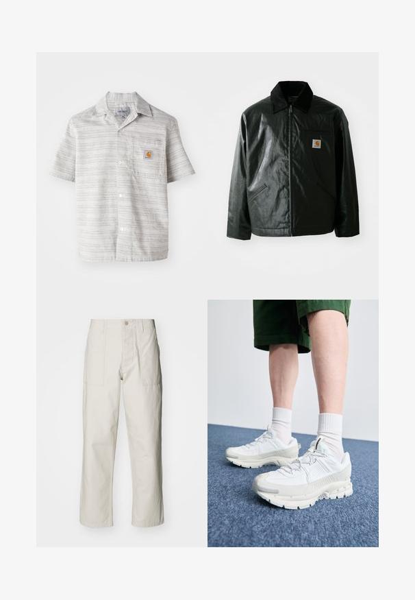 Juodas užtrauktuku užsegamas švarkas, pagamintas iš glotnaus, blizgaus medžiagos. Savybė - keteros apykaklė, dvi priekinės kišenės ir mažas logotipo ženklelis ant krūtinės.; Šviesiai pilkos spalvos trumpomis rankovėmis marškiniai su vertikaliomis juostelėmis, mygtukų priekyje ir krūtinės kišenė, kurioje yra mažas oranžinis logotipas. Margas medvilnės audinys.; Šviesiai pilki plačius kelnes, pagamintas iš medvilnės. Yra priekinės kišenės ir mygtuko uždarymas. Lygus paviršius su subtiliomis vertikaliomis linijomis.; Baltos sportinės bateliai su tekstūruotais uždengimais, masyviu padu ir pilkais akcentais. Dėvimi su baltais trumpais kojiniais ir žaliais šortais mėlyname paviršiuje.