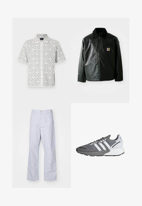 Must mustaga, läikiva materjaliga musta värvi jakk. Omab kordonilõikega kraed, kahte esikäe taskut ja väikest logo sildi rinnal.; Lühivarrukaline särk valgest kangast hallide geomeetriliste mustritega, nööbiga ees ja terava kraega, esitleb avatud tööde detaile.; Heledad sinine sirge säärega puuvillased püksid. Omavad esipocketit, tõmblukkude sulgemist ja üht metallist nööpi vöökohtadel.; Halli ja valge spordijalats, millel on võrgust pealispind, kolm valget triipu, pehmendatud talla ning tekstuuriga hall kummialus.