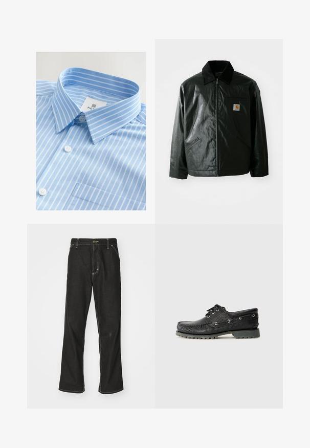 Sort lynlåsejakke lavet af glat, blankt materiale. Har en kordfløjlsfarvet krave, to forlommer og et lille logo-patch på brystet.; Lyseblå skjorte med hvide lodrette striber, knaplukning foran, spidse kraver og en enkelt brystlomme. Stof ser glat ud.; Sorte denimjeans med løs pasform, der har kontrasterende hvid syning, en knaplukning og et lige ben-design.; Sort tekstureret snørebåndssko med rund tå, metaløjer og en robust grå gummisål. Har et vævet mønster på overdelen.