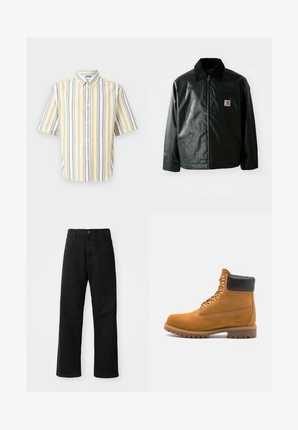 Zwarte ritssluiting jas van glad, glanzend materiaal. Heeft een corduroy kraag, twee voorzakken en een klein logo label op de borst.; Korte mouwen shirt in geel met verticale grijze en witte strepen, met een button-down kraag en een sluiting met knopen aan de voorkant.; Zwarte denim broek met een rechte pasvorm, voorzien van voorzakken, een rits en een enkele bovenste knoop. Gestructureerde stof met een matte afwerking.; Tan suède enkelboot met zwart gevoerd kraagje, gouden metalen oogjes, witte stikdetails en een robuuste rubberen zool met uitgesproken profiel.