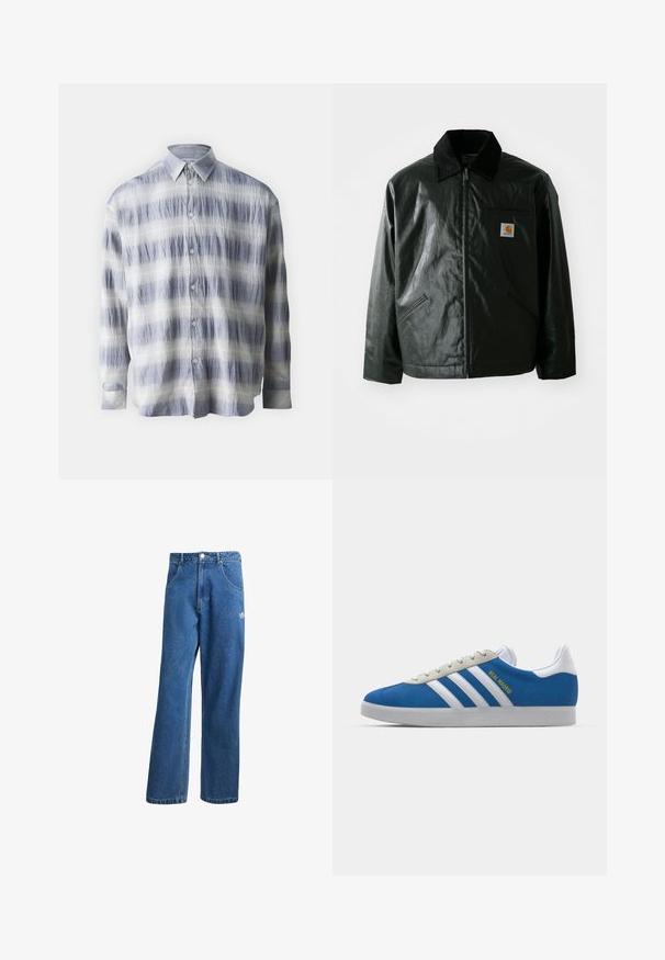 Giacca nera con zip realizzata in materiale liscio e lucido. Presenta un colletto in corduroy, due tasche frontali e una piccola patch con logo sul petto.; Camicia button-up realizzata in tessuto strutturato blu e bianco con un motivo a righe, dotata di maniche lunghe e colletto classico.; Jeans di denim a vita alta e gamba larga blu, con tasche frontali, passanti per cintura, chiusura a bottone e piccolo logo Adidas sulla coscia destra.; adidas Originals ADIDAS GAZELLE SHOES - Scarpe da calcio indoor - real madrid/bluebird/footwear white/crew yellow