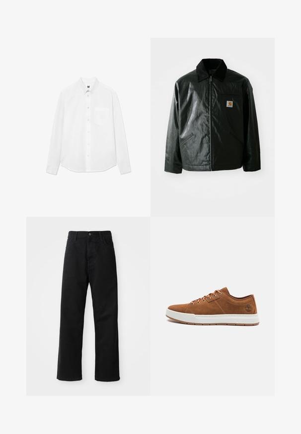 Črna jakna na zadrgo, izdelana iz gladkega, sijočega materiala. Ima žametni ovratnik, dva sprednja žepa in majhno oznako logotipa na prsih.; Bela srajca z dolgimi rokavi in gumbi, s ovratnikom in sprednjim žepom, z rahlo teksturo. Sprednji del srajce ima gumbe in majhen detajl z logotipom.; Črni kavbojki z ravnim krojem, ki imajo sprednje žepke, zadrgo in en zgornji gumb. Teksturovan material z mat zaključkom.; Rjavi nubuk tenisice z belo gumijasto podplatom, okroglo konico, šestimi kovinskimi očesci in embosiranim logotipom na stranski strani. Klasičen dizajn na vezalko.