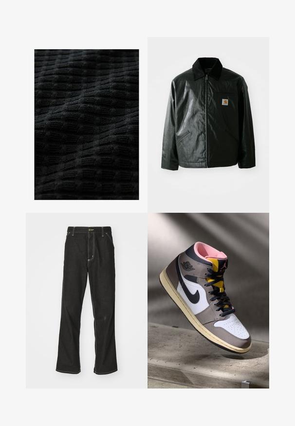 Zwarte ritssluiting jas van glad, glanzend materiaal. Heeft een corduroy kraag, twee voorzakken en een klein logo label op de borst.; Zwarte gebreide stof met een gestructureerd, rasterachtig patroon, waarbij verhoogde vierkanten diepte en een zachte, tactiele uitstraling bieden.; Zwarte denim jeans met een losse pasvorm, voorzien van contrasterende witte stiksels, een knoopsluiting en een recht ontwerp.; Hoog-top Nike Air Jordan sneaker in wit, grijs en zwart met een roze interieur en gele tong, geplaatst op een betonnen oppervlak.