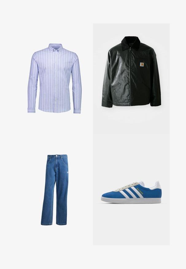 Zwarte ritssluiting jas van glad, glanzend materiaal. Heeft een corduroy kraag, twee voorzakken en een klein logo label op de borst.; Lichtblauwe langemouw overhemd met witte verticale strepen, met een button-down kraag en contrasterende gestreepte manchetten. Zachte stof textuur.; Blauwe hoge taille wijde spijkerbroek met voorzakken, riemlussen, knoopsluiting en klein Adidas-logo op de rechterdij.; adidas Originals ADIDAS GAZELLE SHOES - Zaalvoetbalschoenen - real madrid/bluebird/footwear white/crew yellow